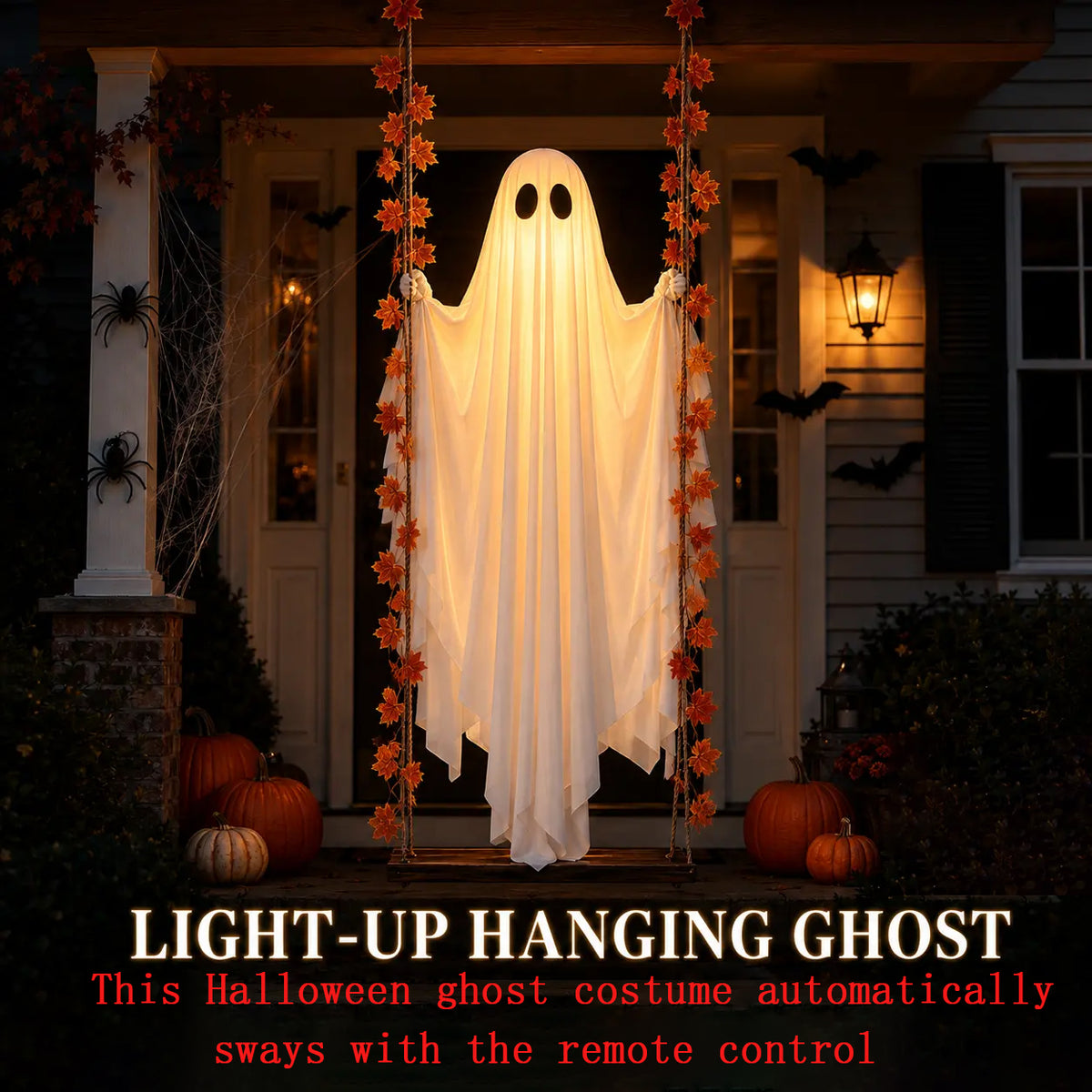 LED Light-Up Swinging Ghost Halloween Decoration with Maple Leaf Garland & Remote Control, Hanging Outdoor Decor for Yd, Porch & Party, Halloween Decorations Outdoor, Party Lighting Decoration