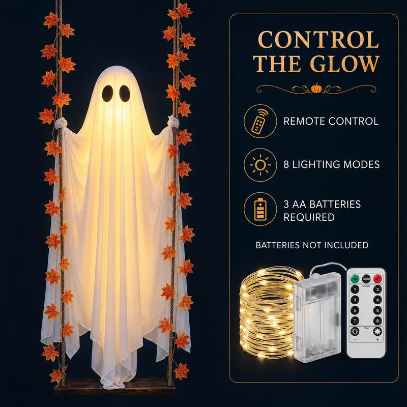 LED Light-Up Swinging Ghost Halloween Decoration with Maple Leaf Garland & Remote Control, Hanging Outdoor Decor for Yd, Porch & Party, Halloween Decorations Outdoor, Party Lighting Decoration