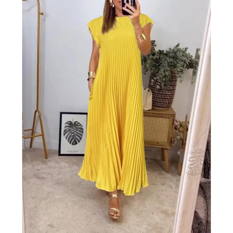 Sleeveless pleated simple solid colour dress