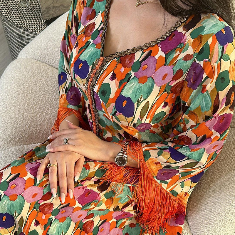 V-neck Floral Printed Long Sleeve Tassel Maxi Dress