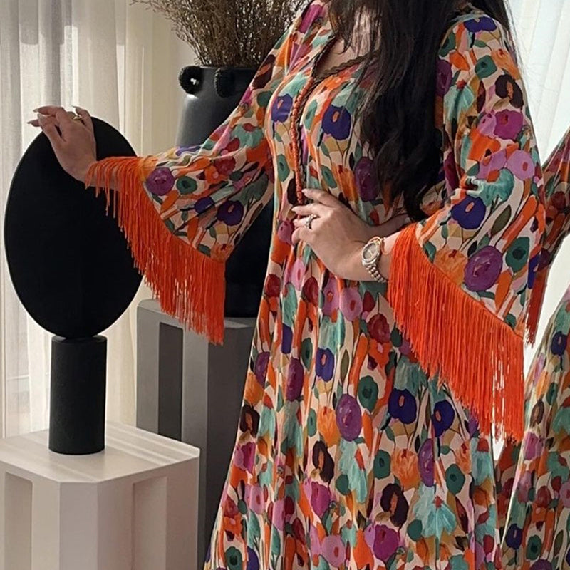 V-neck Floral Printed Long Sleeve Tassel Maxi Dress