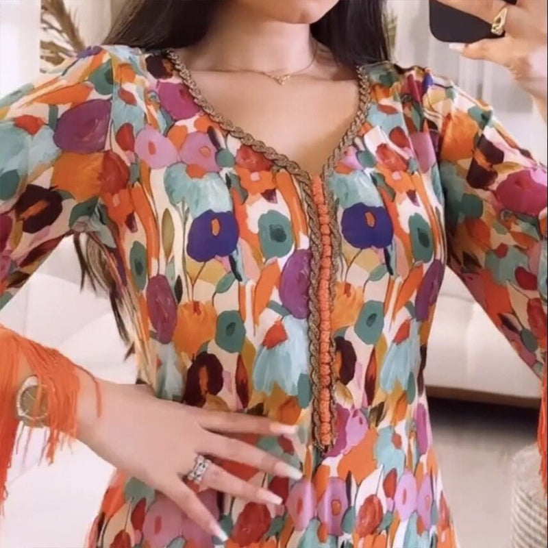 V-neck Floral Printed Long Sleeve Tassel Maxi Dress