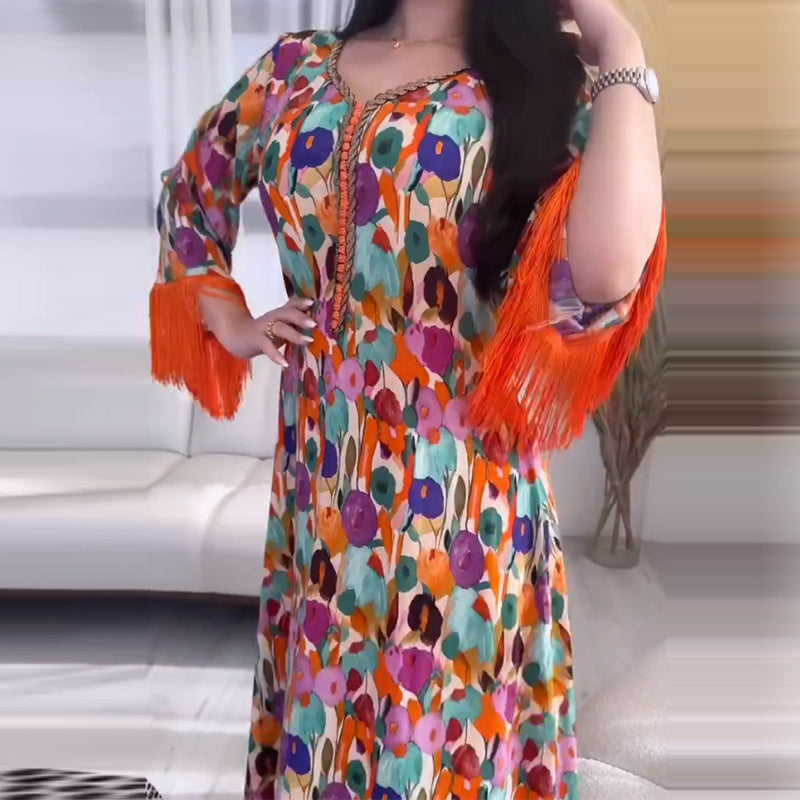 V-neck Floral Printed Long Sleeve Tassel Maxi Dress